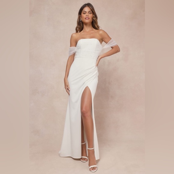 Lulus Dresses & Skirts - Lulus-Profound Glamour Ivory Pearl Off-the-Shoulder Tulip Maxi Dress (Small)